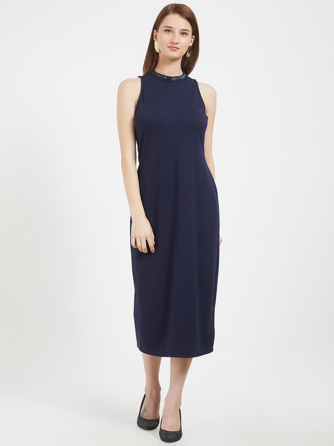 

Fusion Beats Blue Sheath Midi Dress With Sequined Neck Detail