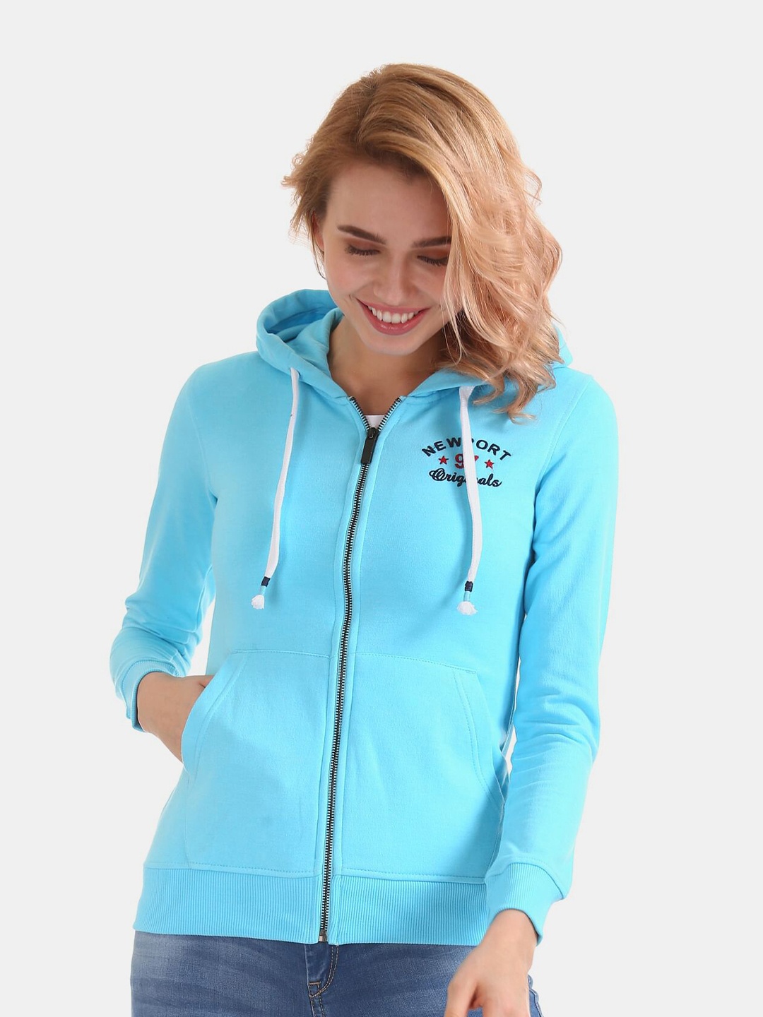 

Newport Women Blue Solid Hooded Sweatshirt