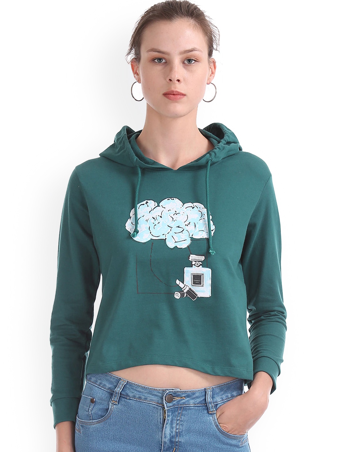 

Sugr Women Green Printed Hooded Sweatshirt