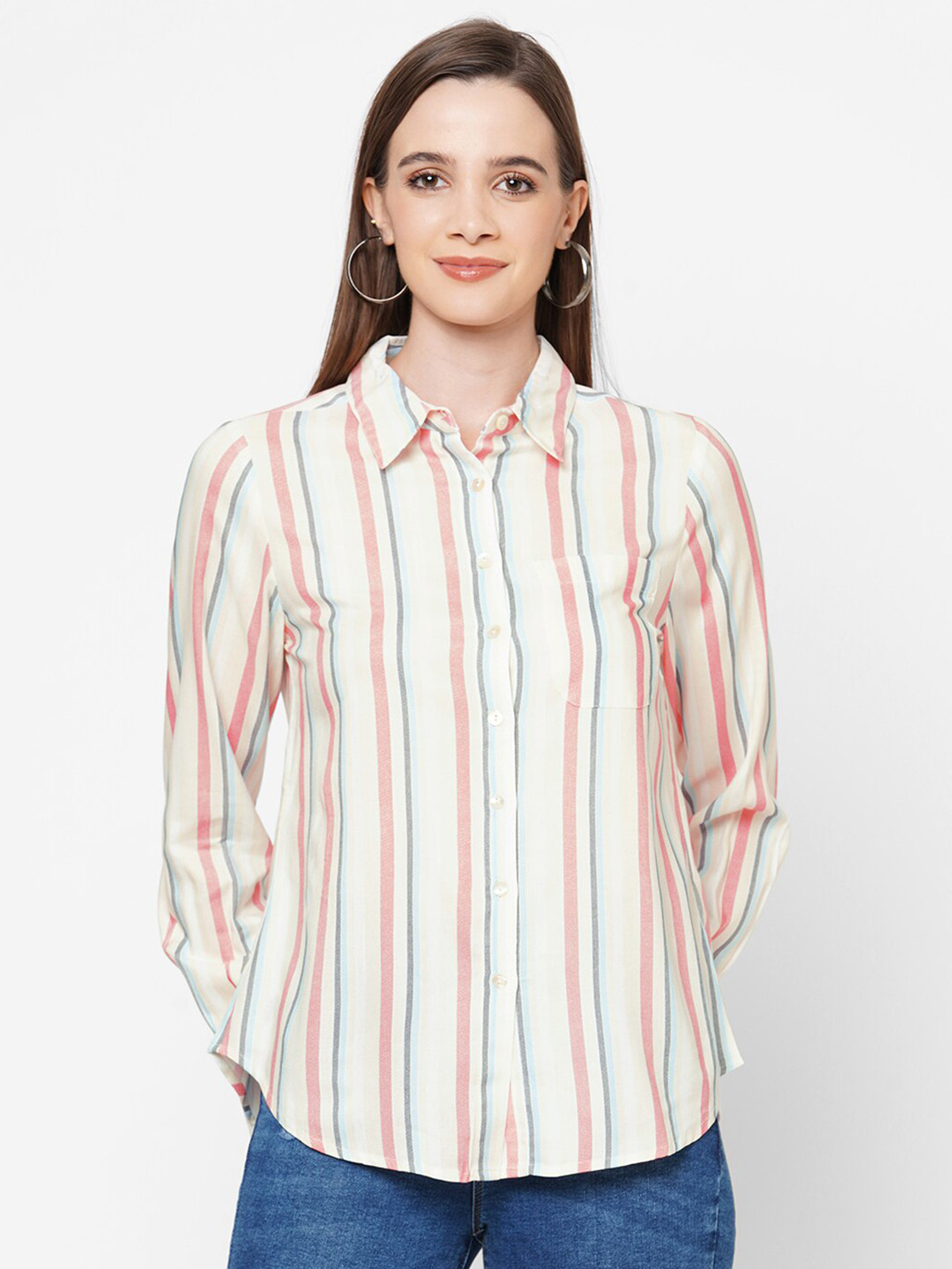 

109F Women White & Red Striped Casual Shirt
