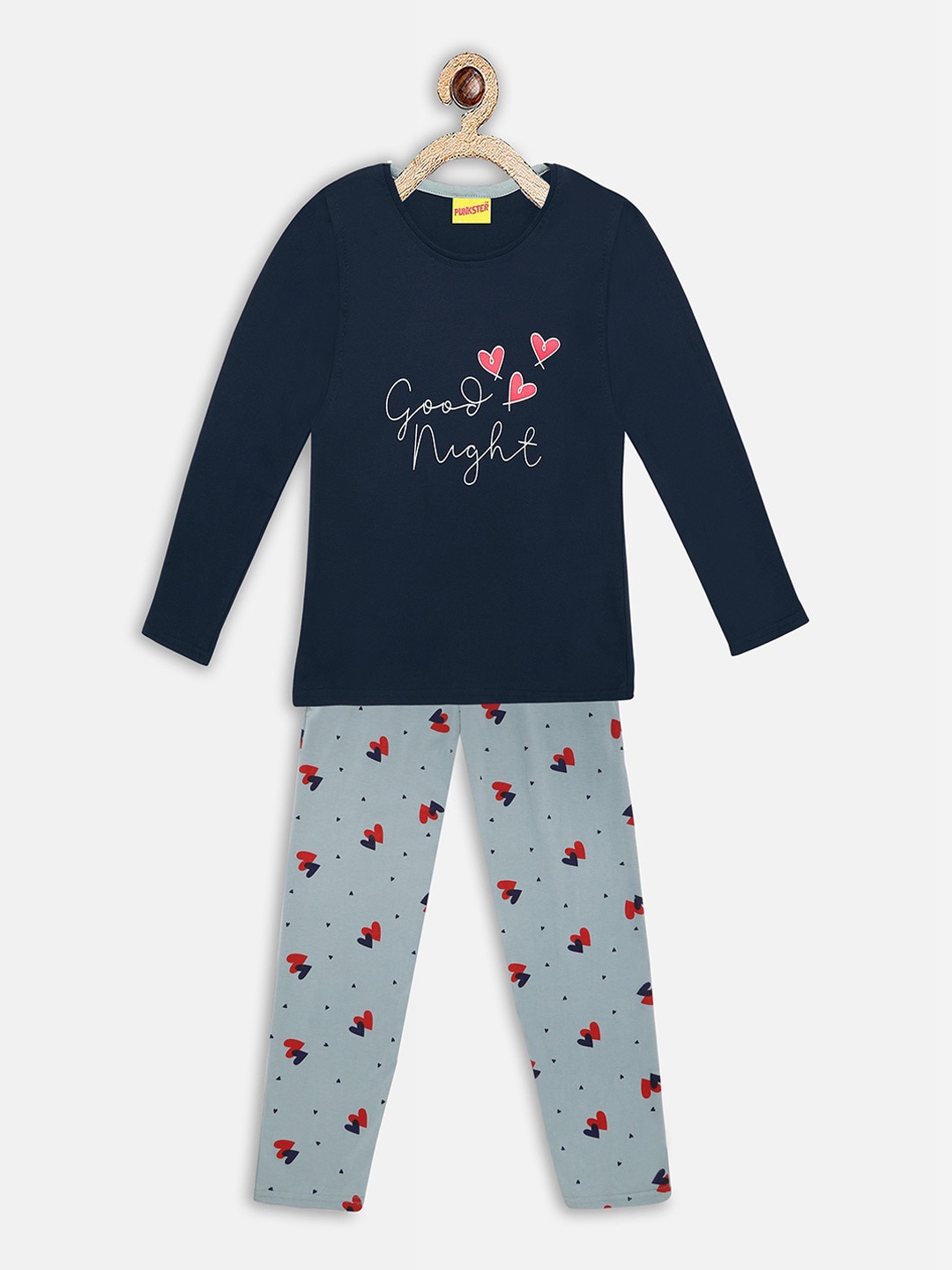 

Punkster Girls Navy Blue & Grey Printed Pure Cotton Night suit