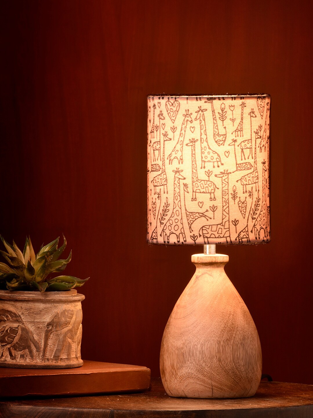 

green girgit Brown Wooden Dome Table Lamp Animal Printed Shade