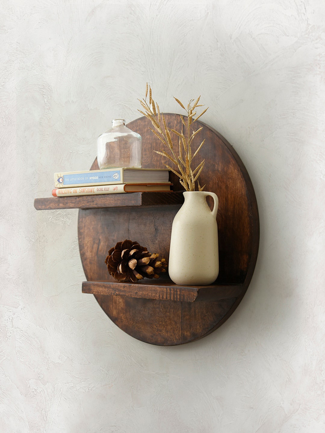 

green girgit Brown Wooden Round Wall Shelf