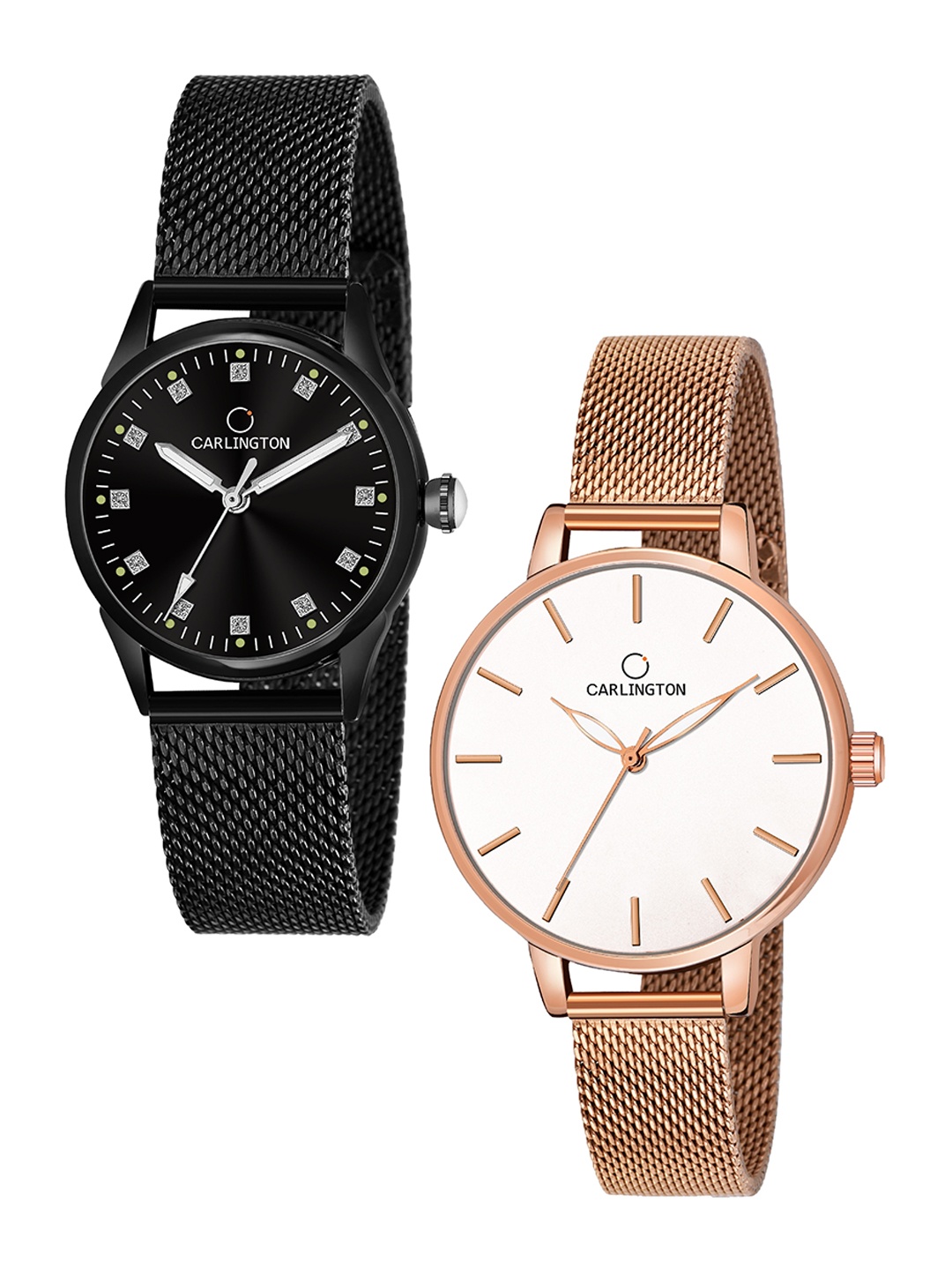 

CARLINGTON Women Set Of 2 Stainless Steel Bracelet Style Straps Analogue Watches, Multi