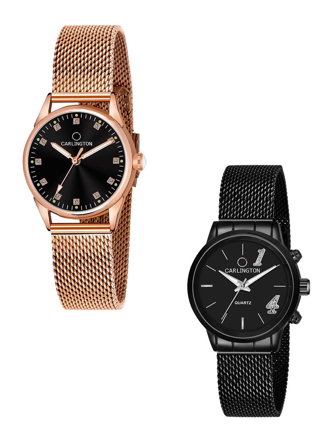 

CARLINGTON Women Set of 2 Black Stainless Steel Bracelet Style Straps Watches