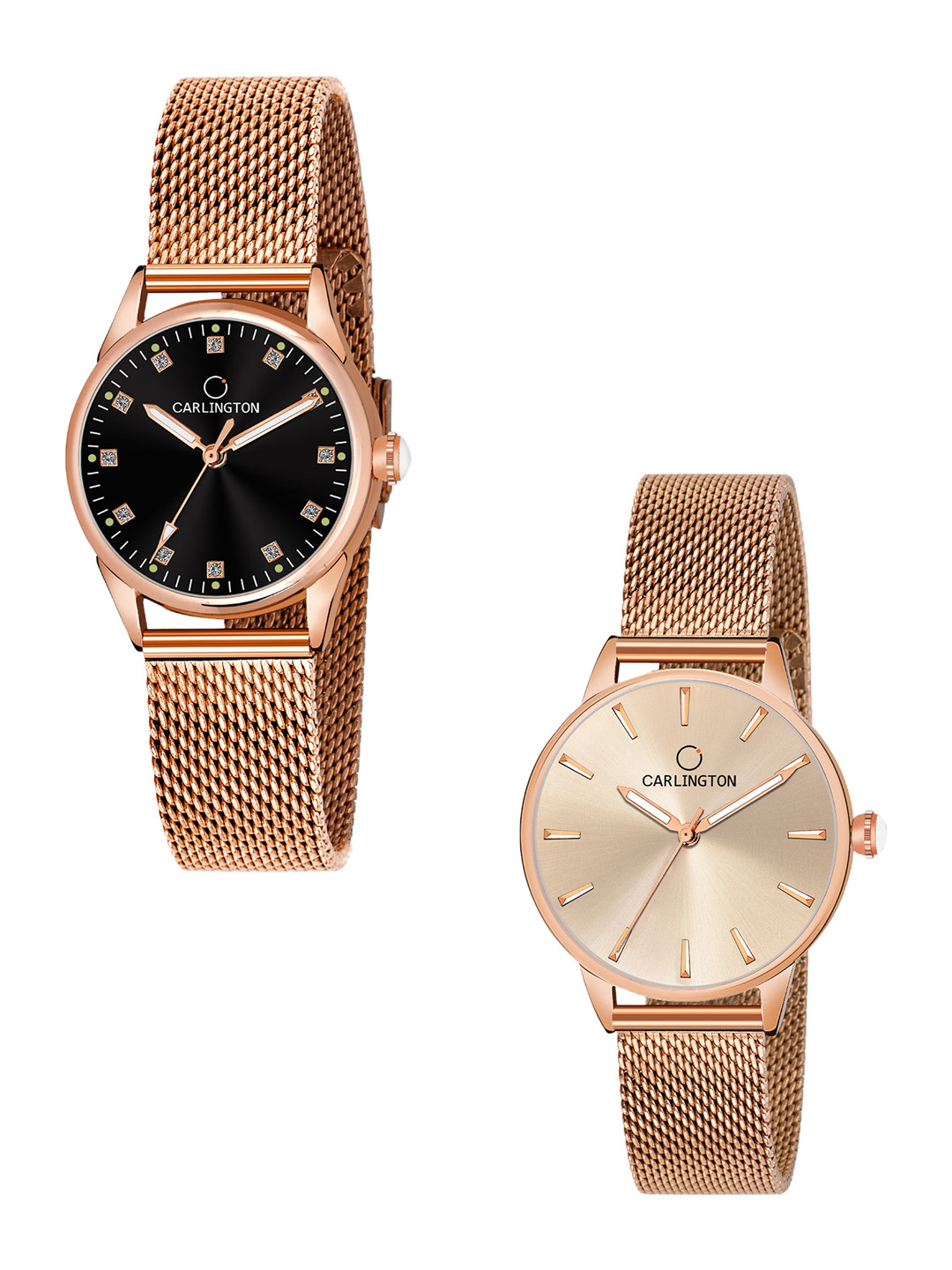 

CARLINGTON Women Set Of 2 Stainless Steel Bracelet Style Straps Analogue Watches, Rose gold