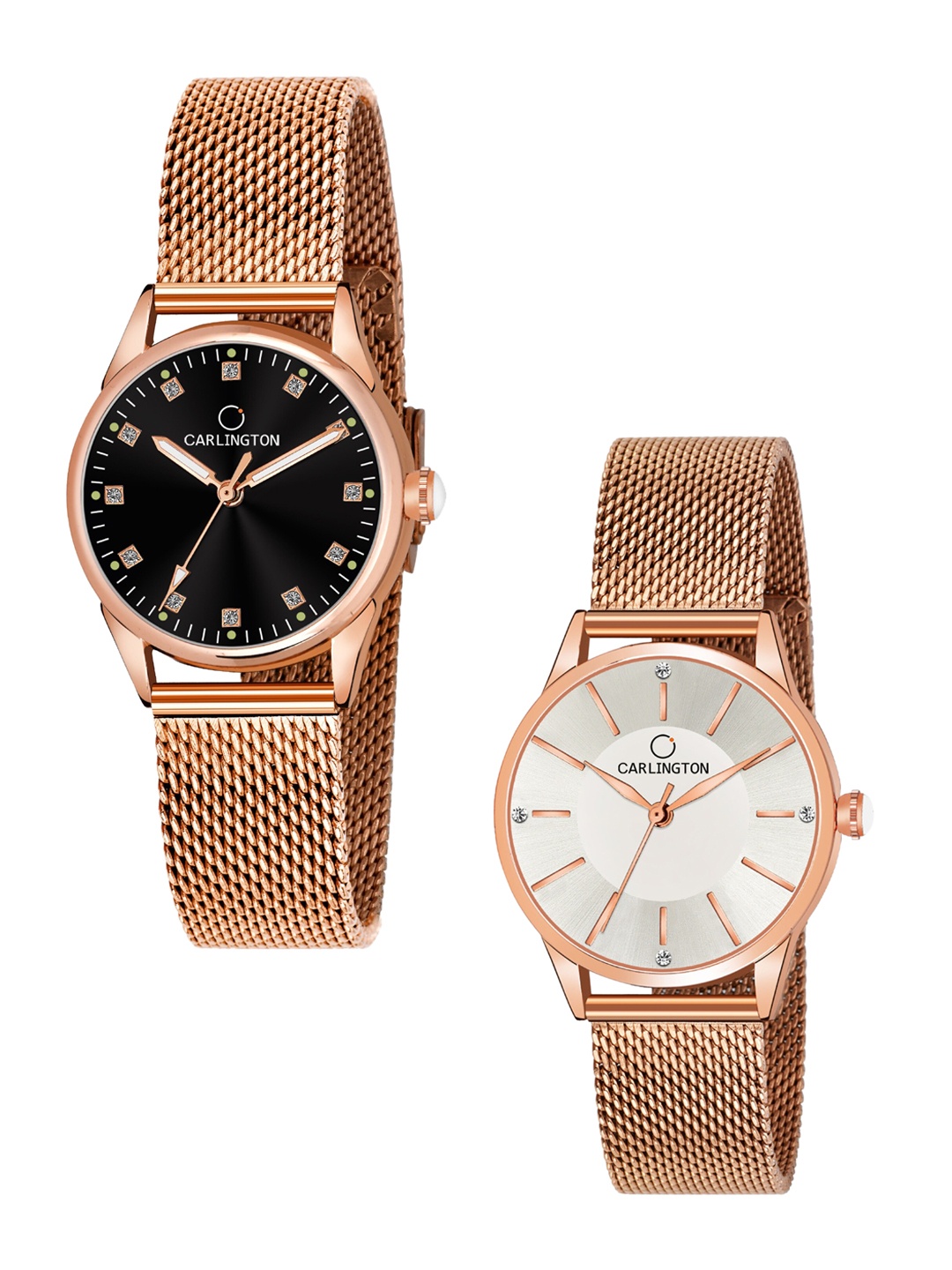 

CARLINGTON Women Set Of 2 Stainless Steel Bracelet Style Straps Analogue Watches, Multi