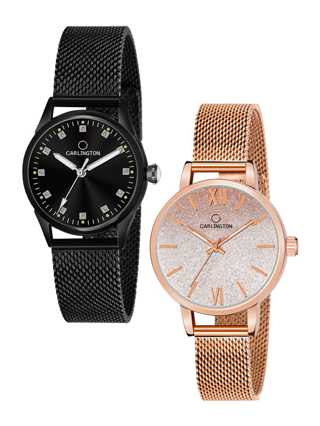 

CARLINGTON Women Set Of 2 Black & Silver-Toned Analogue Watch CT2003 CT2018