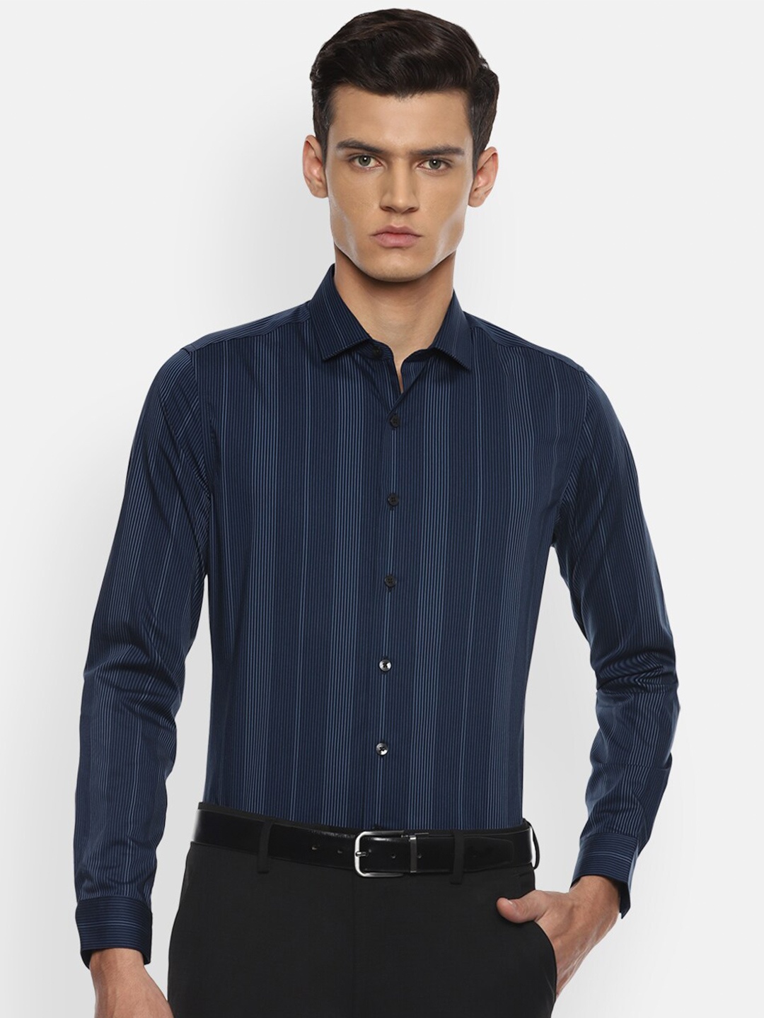 

Louis Philippe Men Navy Blue Slim Fit Striped Formal Shirt