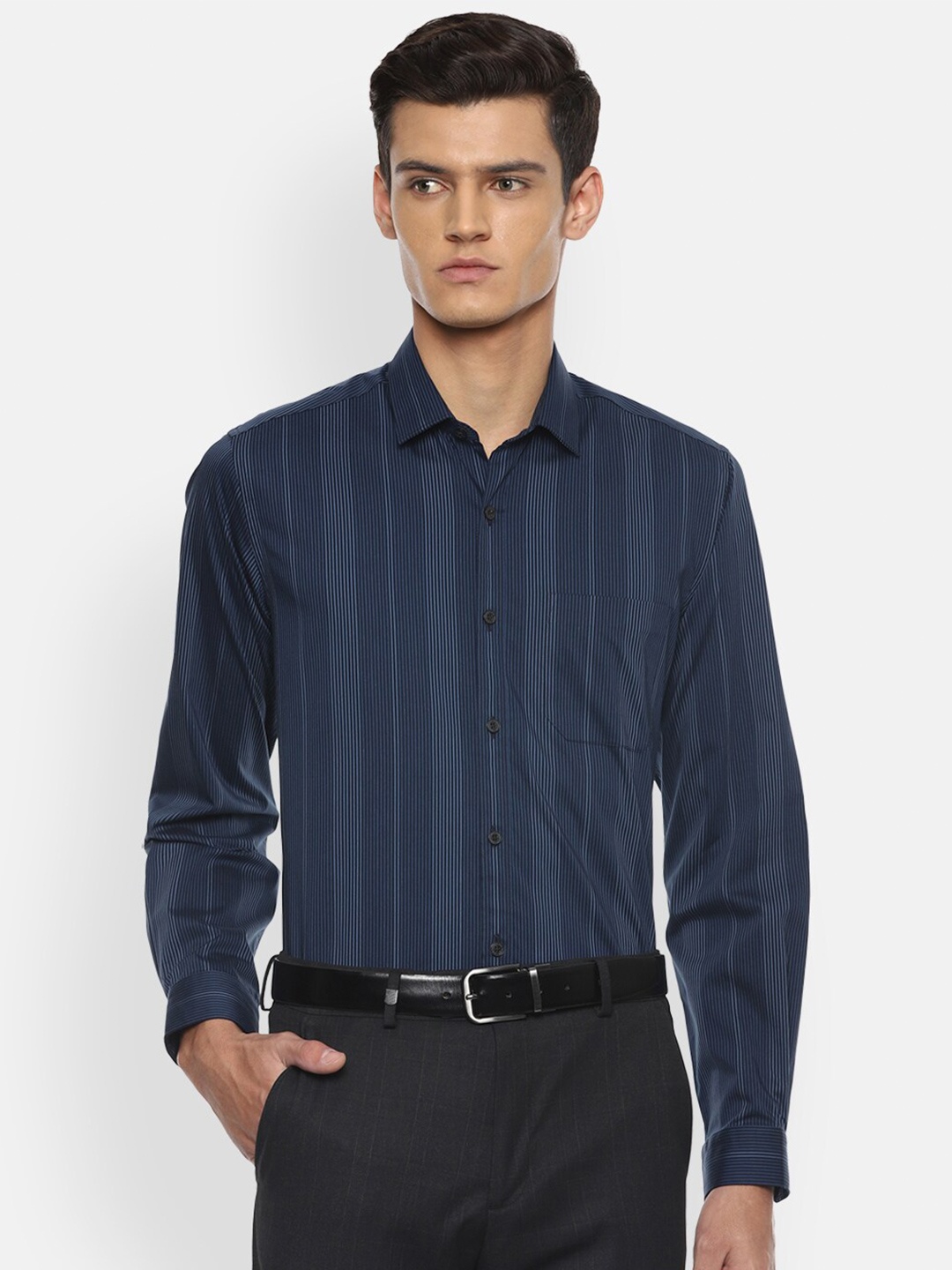 

Louis Philippe Men Navy Blue Slim Fit Striped Formal Shirt