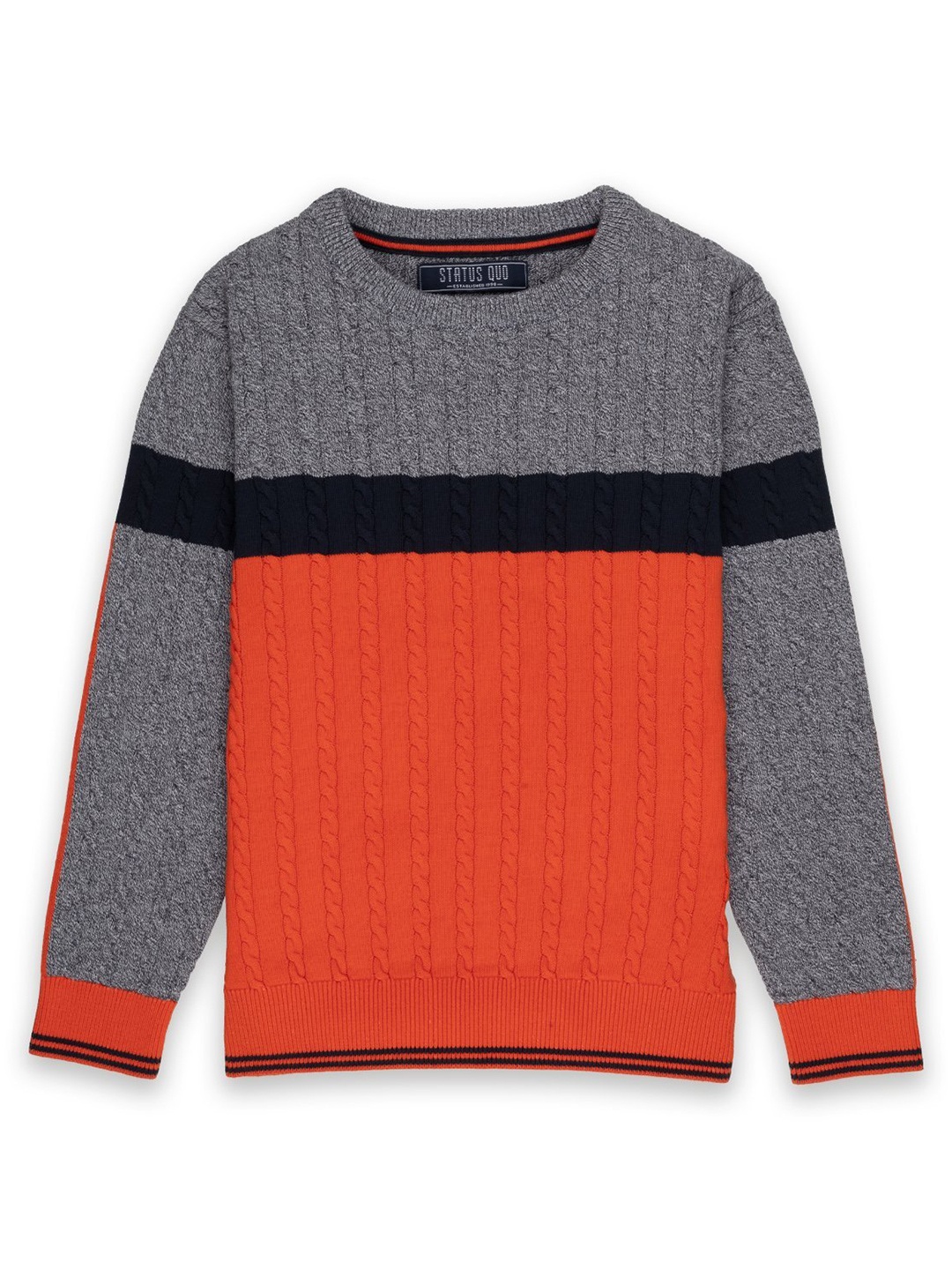 

Status Quo Boys Navy Blue & Orange Cable Knit Colourblocked Pullover