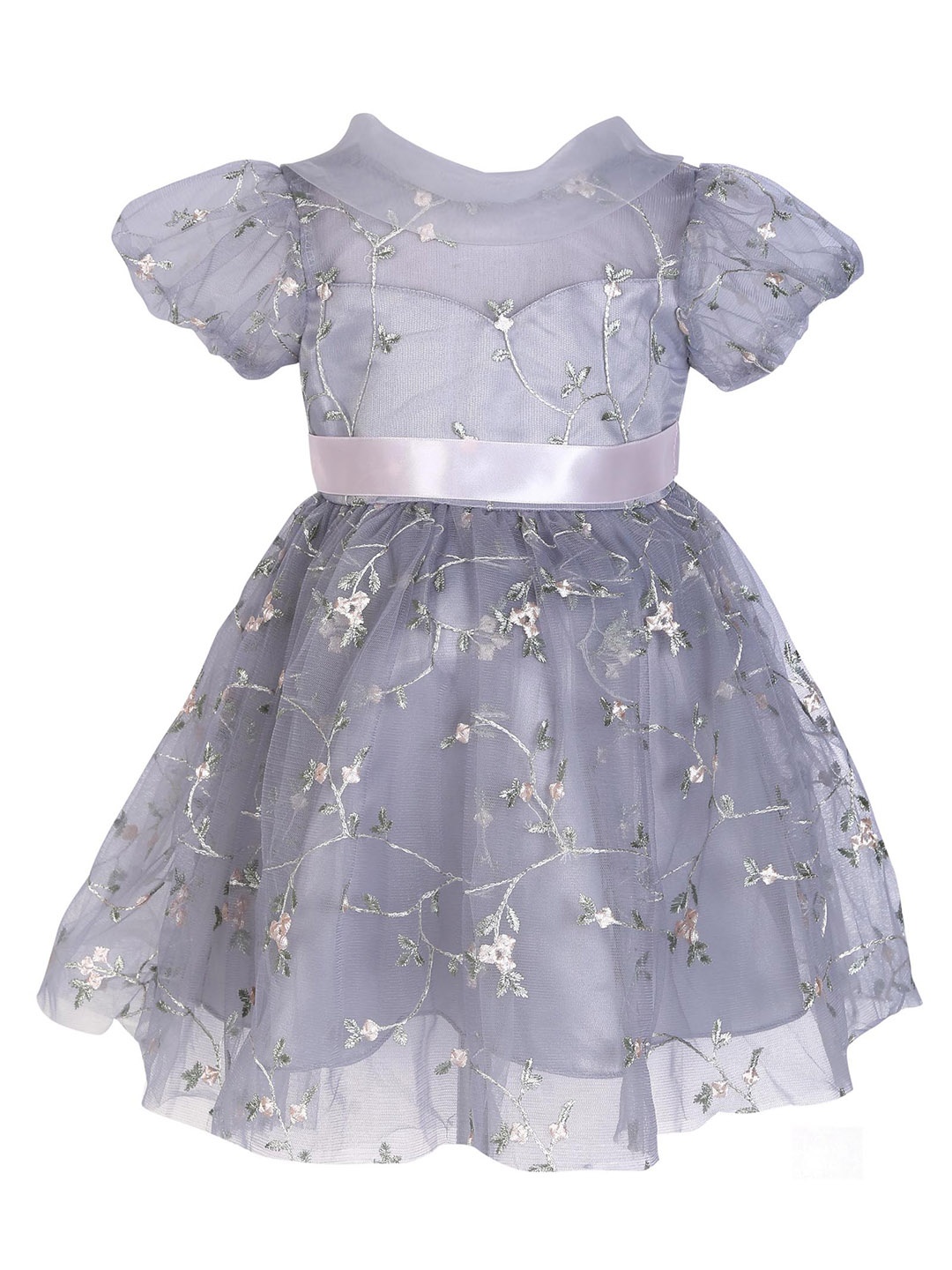 

Hopscotch Girls Grey & Pink Floral Embroidered Fit & Flare Dress