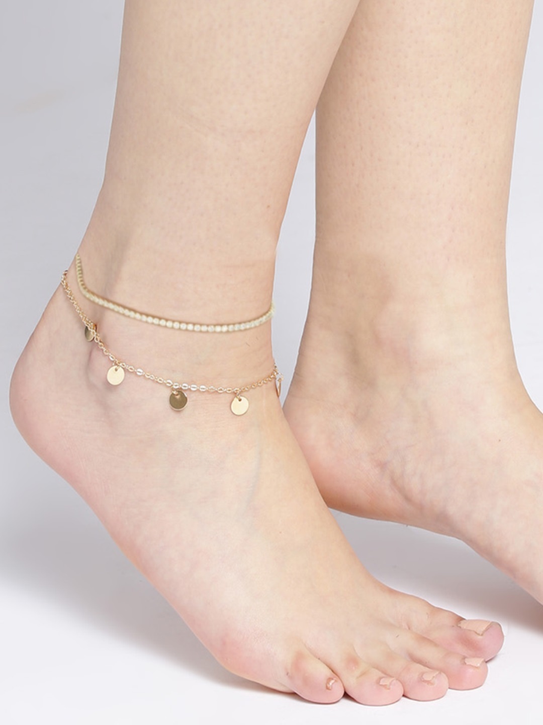 

OOMPH Set Of 2 Gold-Toned White Crystal-Studded Anklets