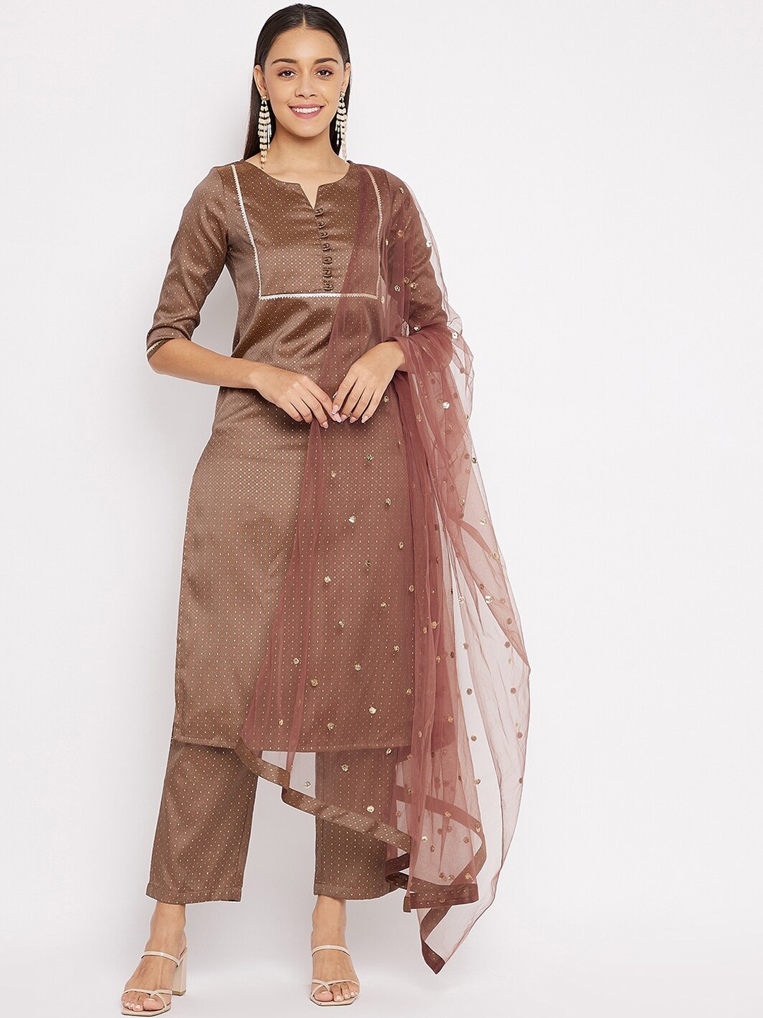 

PANIT Women Brown Embroidered Gotta Patti Kurta with Trousers & With Dupatta