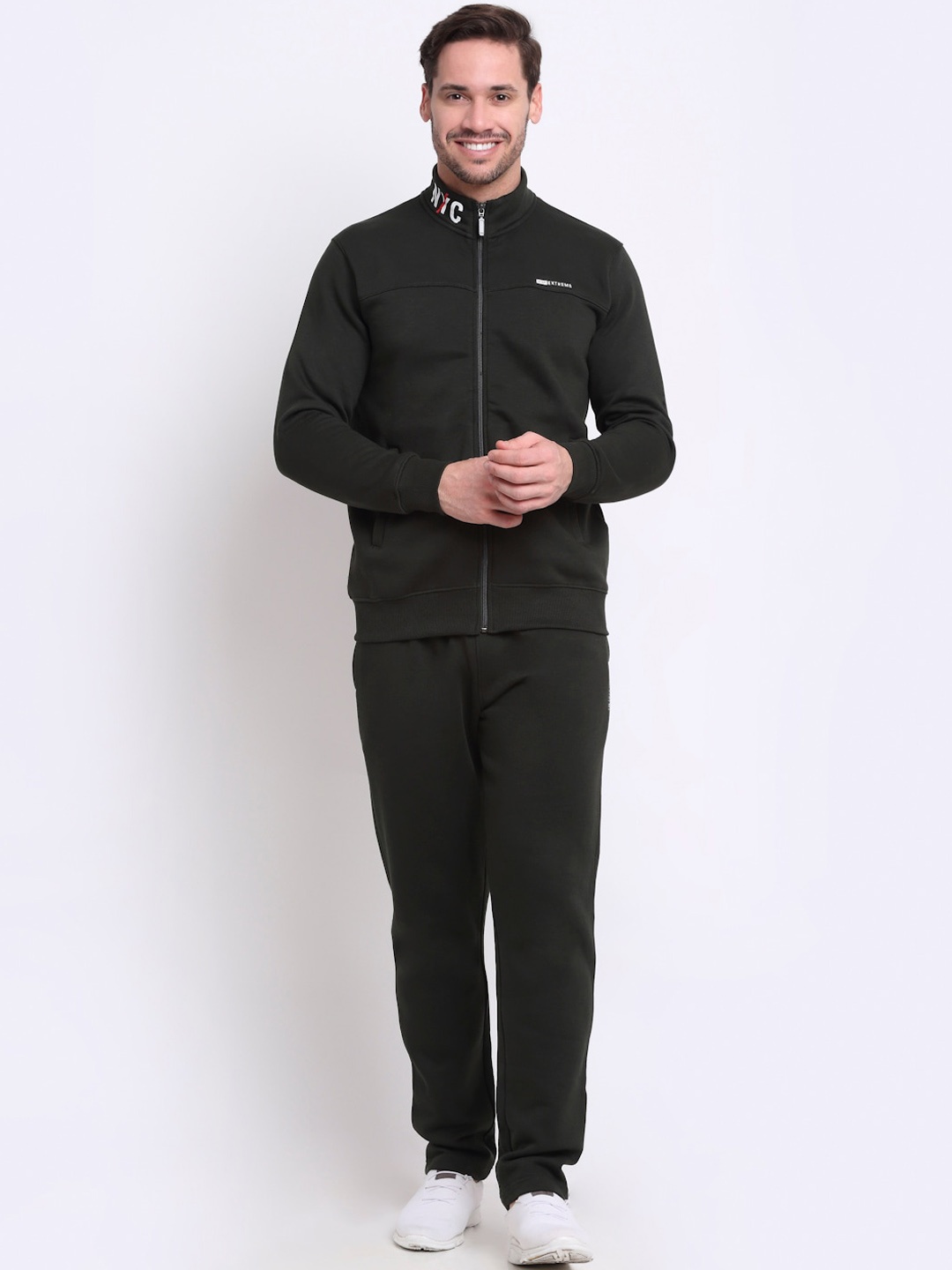 

Cantabil Men Olive Green Solid Pure Cotton Tracksuit