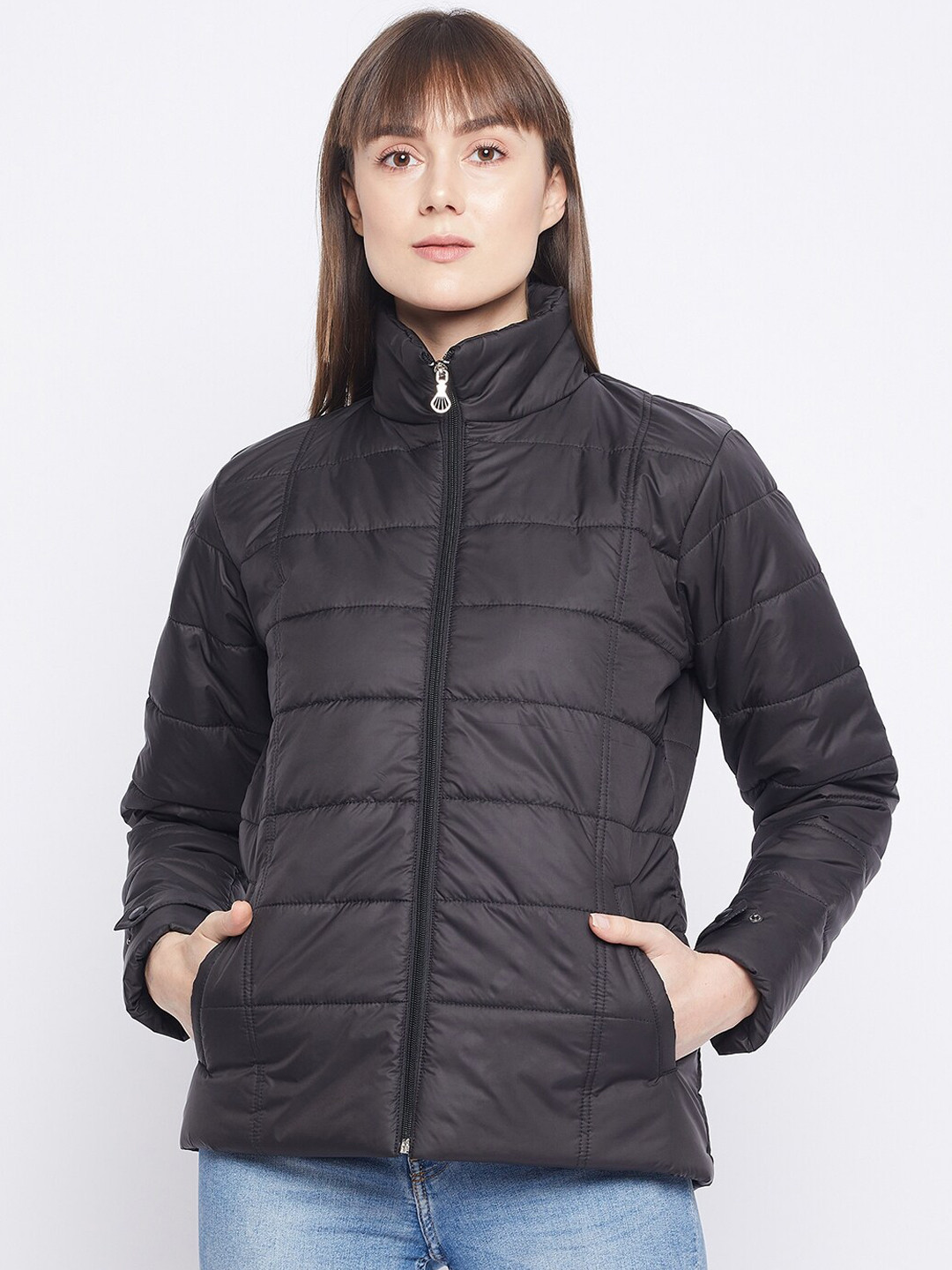 

Adobe Women Black Full Sleeve Mock Neck Padded Jacket