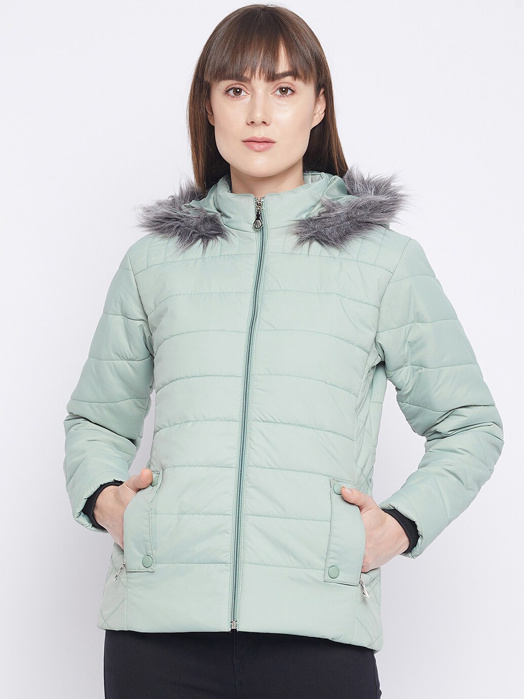 

Adobe Women Green Solid Full Sleeve Fur Parka Jacket