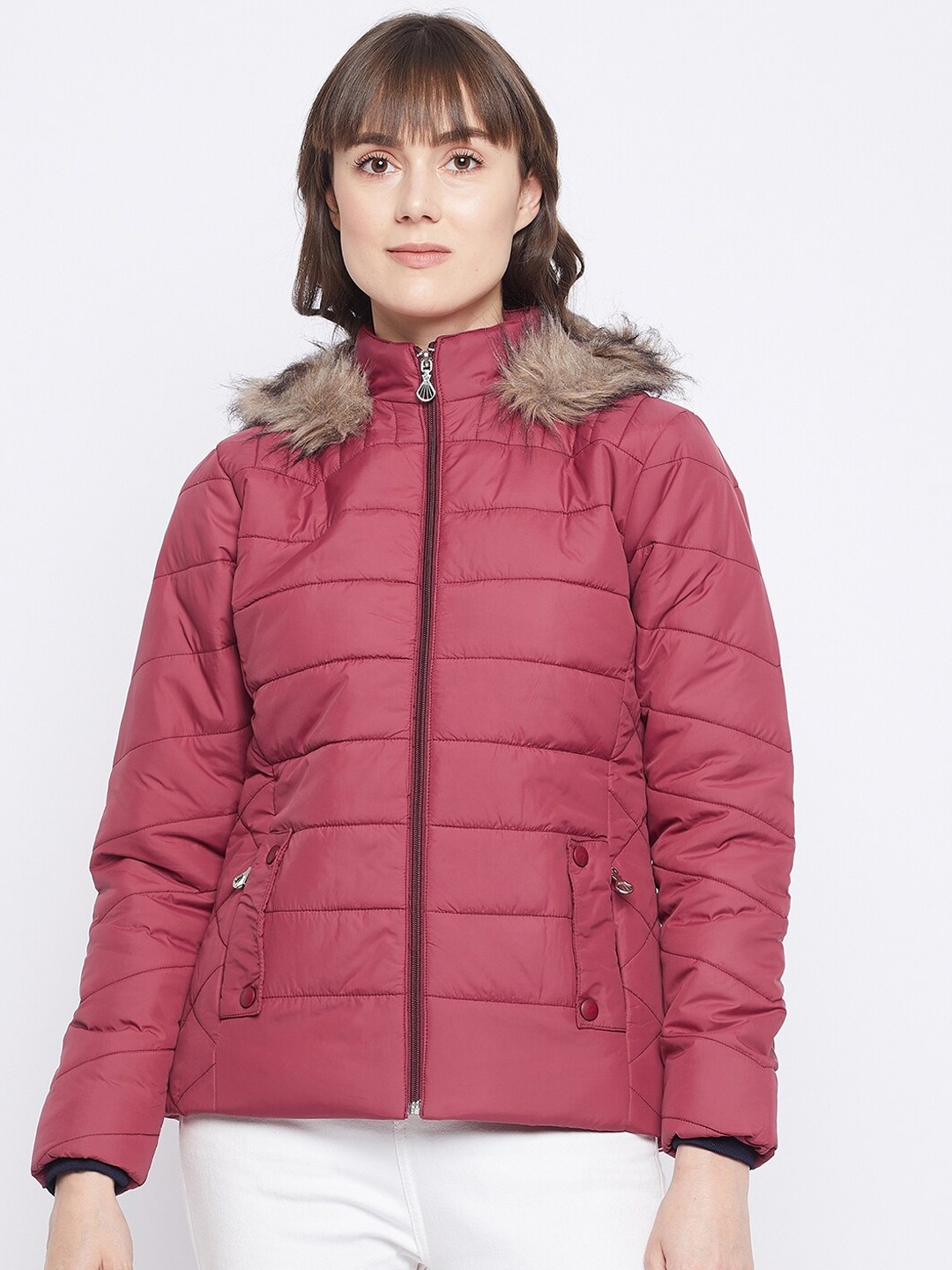 

Adobe Women Maroon Full Sleeve Hoodie With Fur Jacket