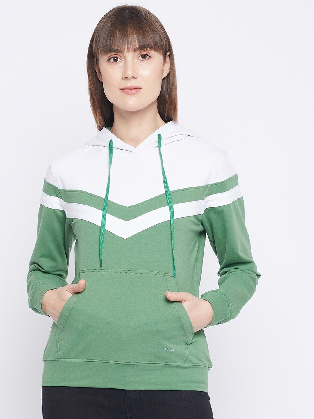

Adobe Women Green Colourblocked Hooded Sweatshirt