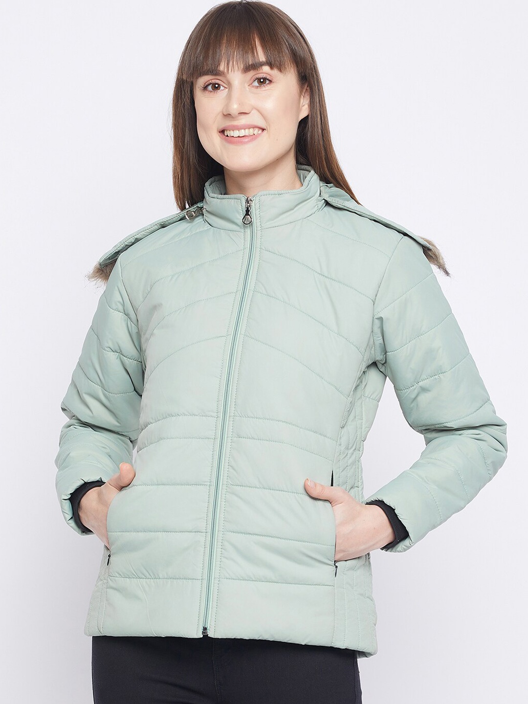 

Adobe Women Green Lightweight Padded Jacket with Detachable Hood