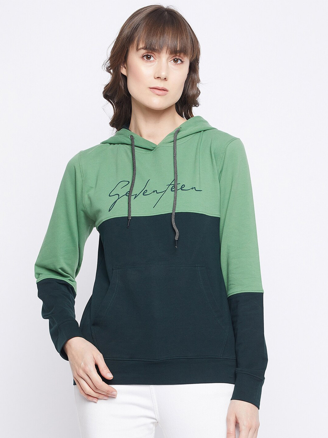 

Adobe Women Green & Navy Blue Colourblocked Cotton Hooded Sweatshirt