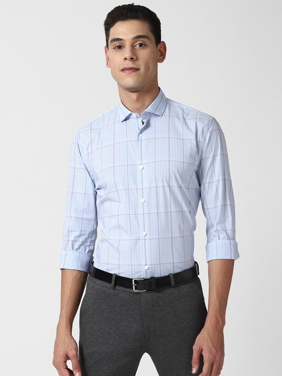 

Peter England Men Blue Slim Fit Windowpane Checks Checked Formal Shirt