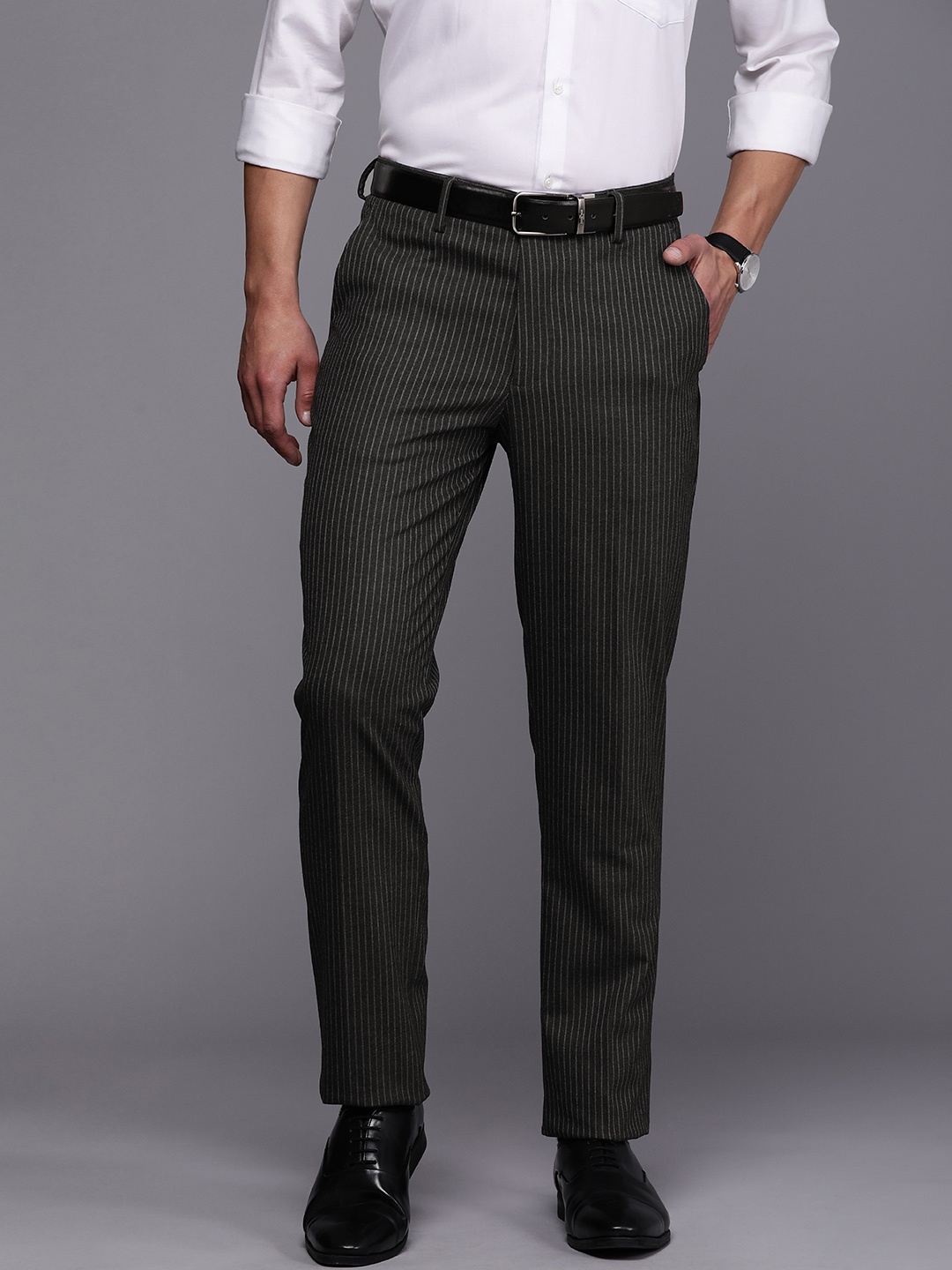 

Louis Philippe Men Charcoal Grey Striped Slim Fit Formal Trousers