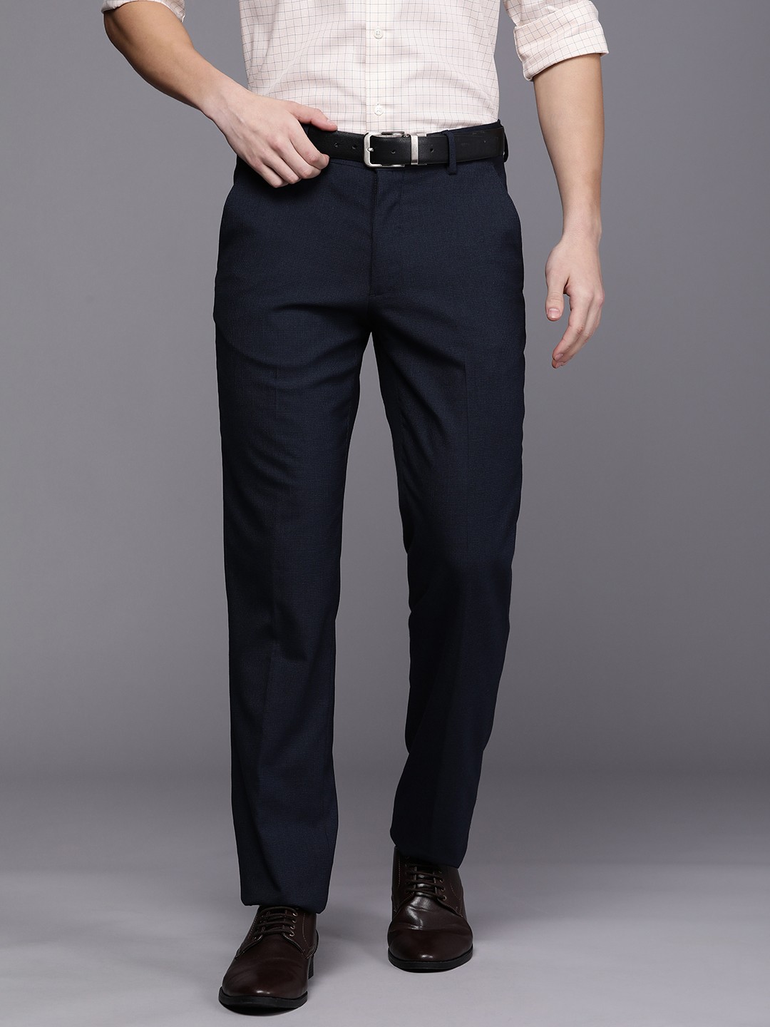 

Louis Philippe Men Navy Blue Self-Design Slim Fit Formal Trousers