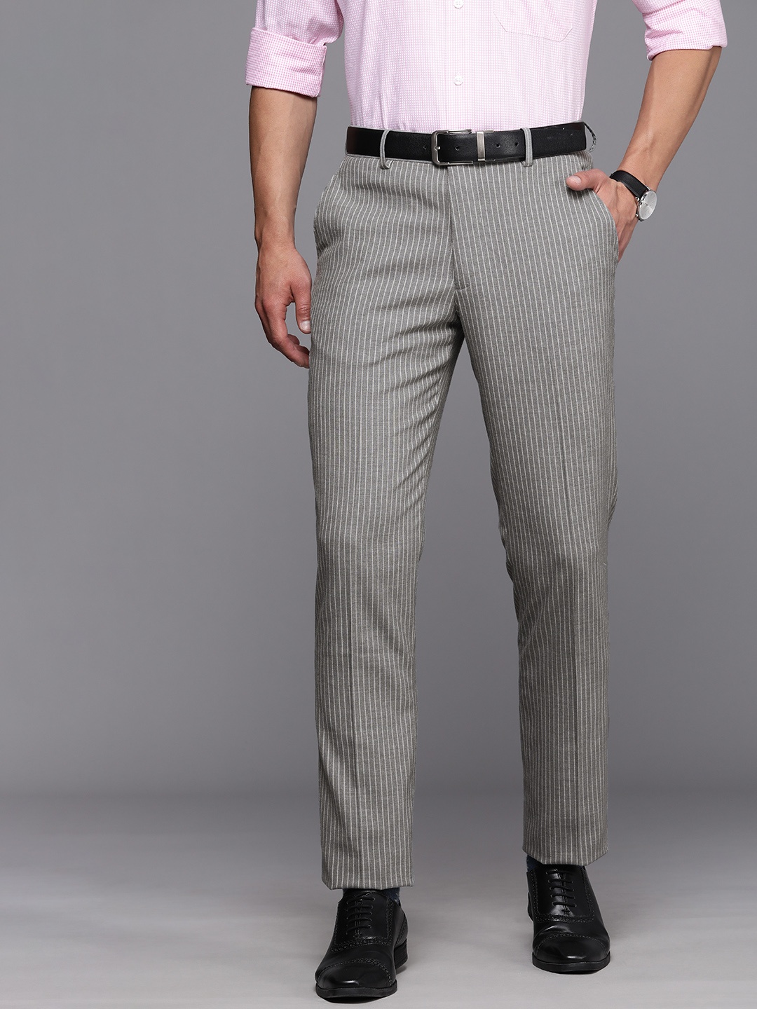 

Louis Philippe Men Grey Striped Slim Fit Trousers