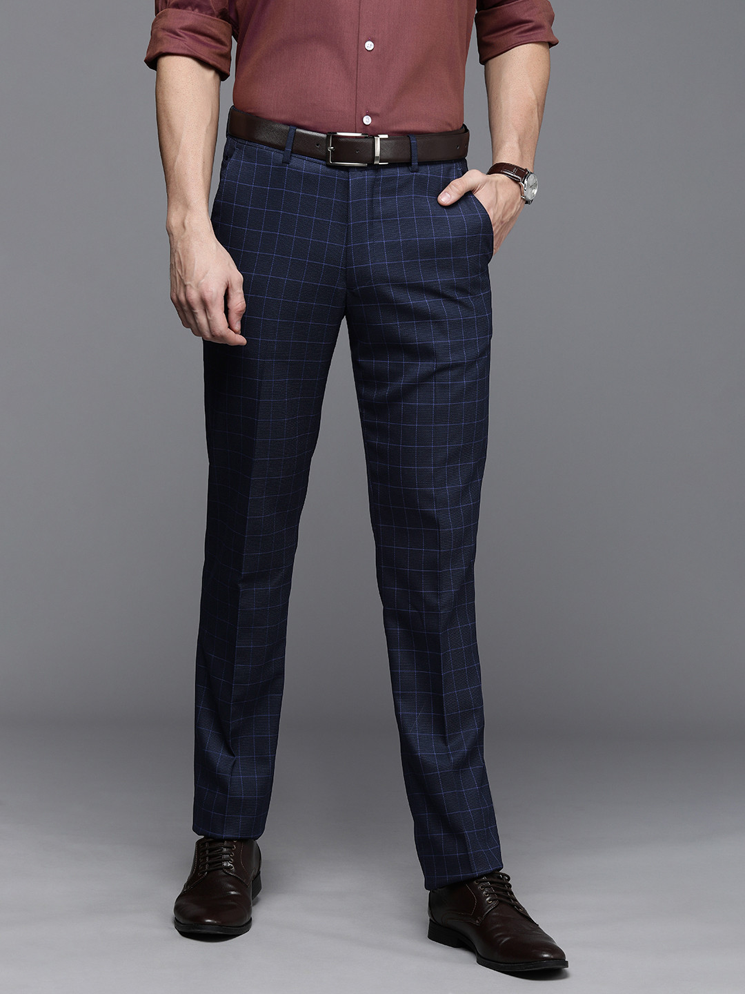 

Louis Philippe Men Navy Blue Checked Slim Fit Trousers