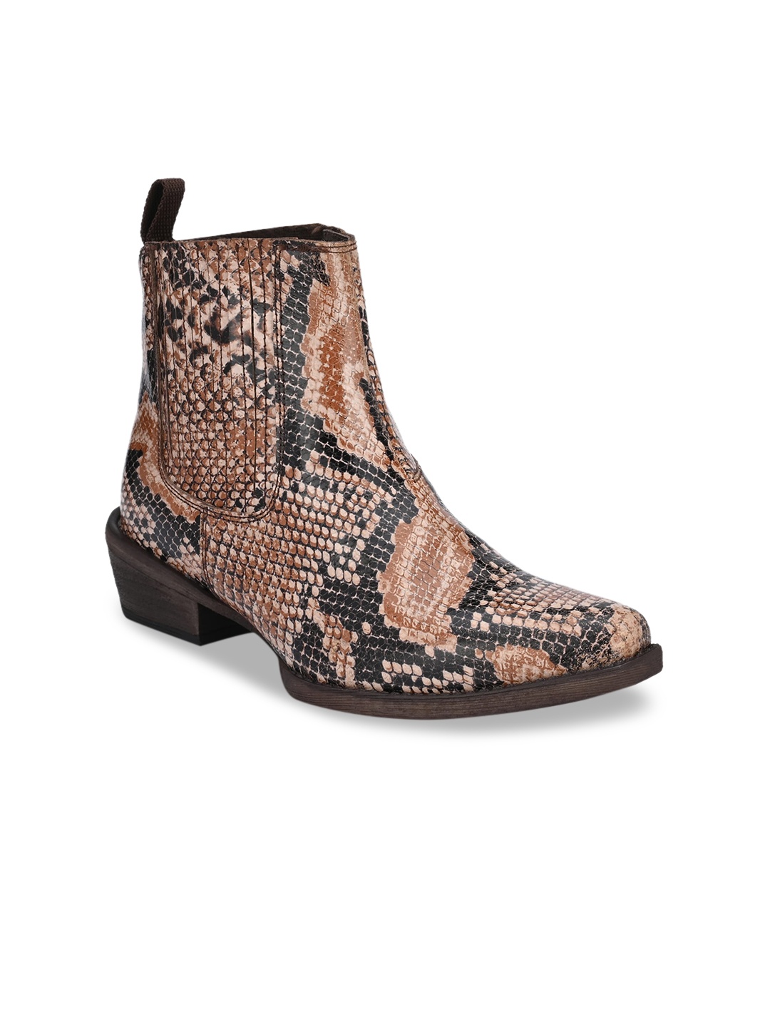 

CARLO ROMANO Women Brown & Black Animal Printed Genuine Leather Flat Boots