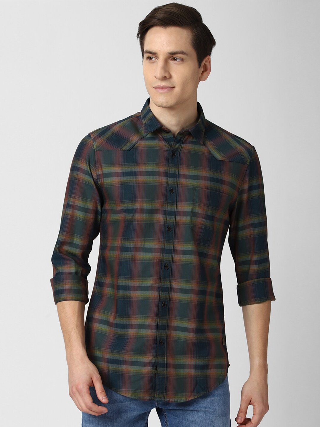 

Peter England Casuals Men Navy Blue Slim Fit Tartan Checks Checked Casual Shirt