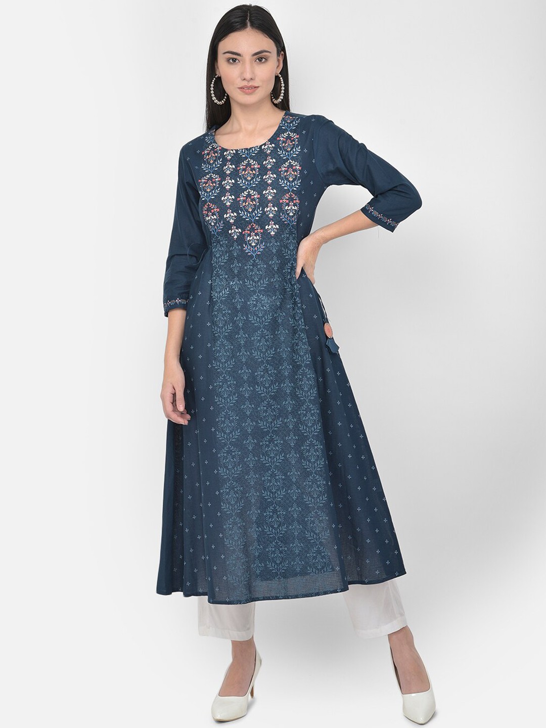 

Span Women Blue Ethnic Motifs Mirror Work Kurta