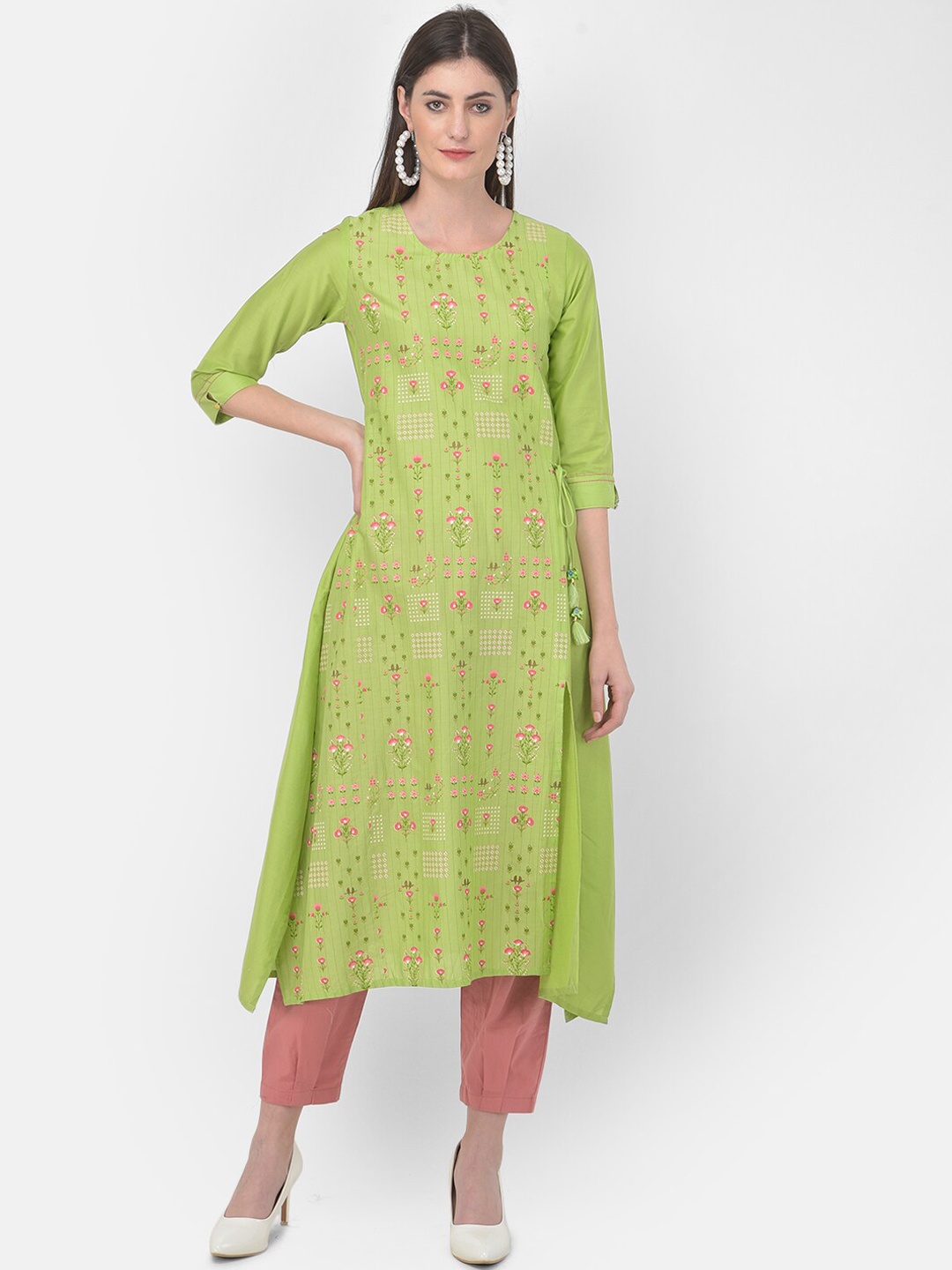 

Span Women Green Ethnic Motifs Printed Pure Cotton Angrakha Kurta