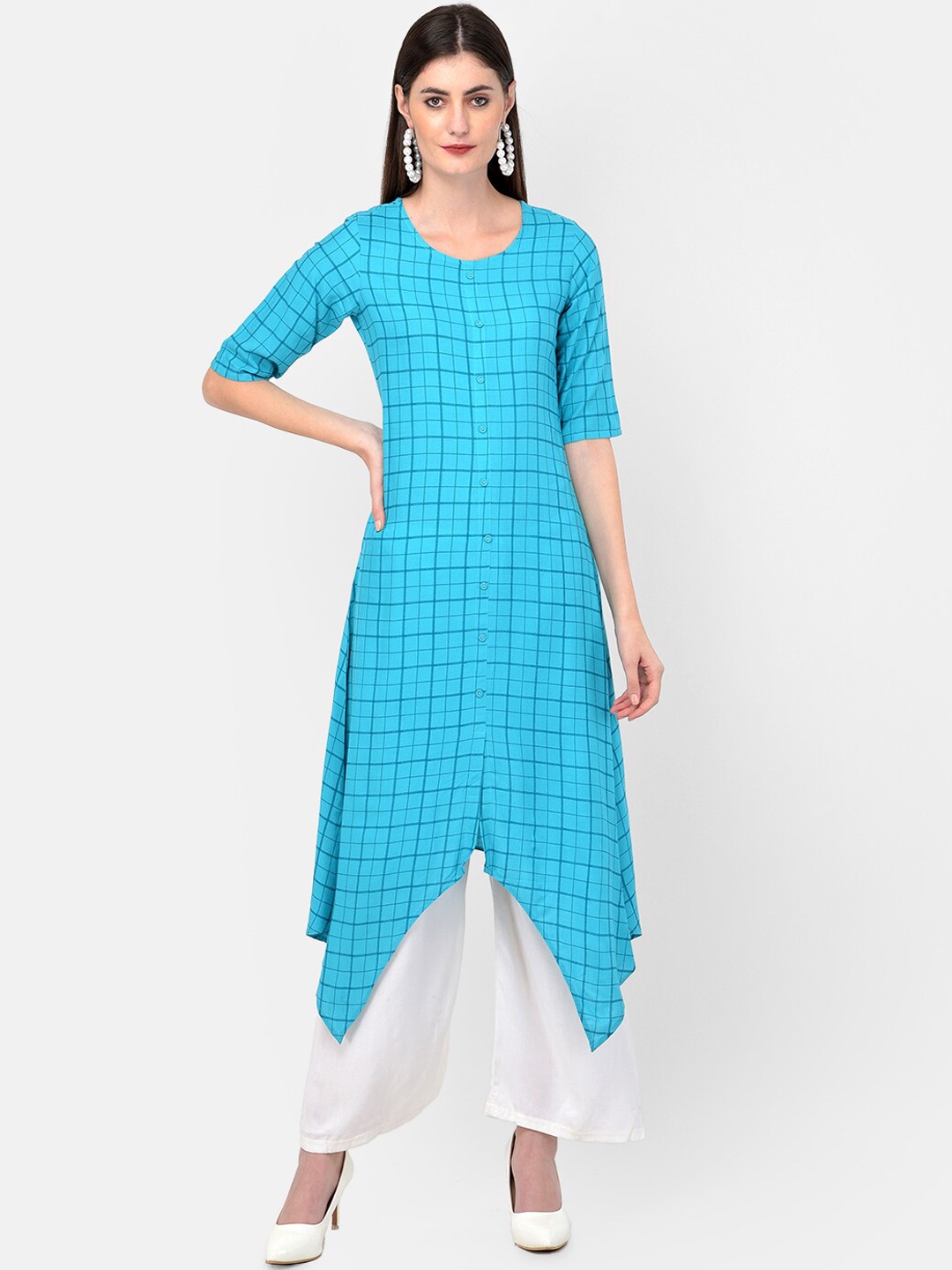 

Span Women Blue Checked Kurta
