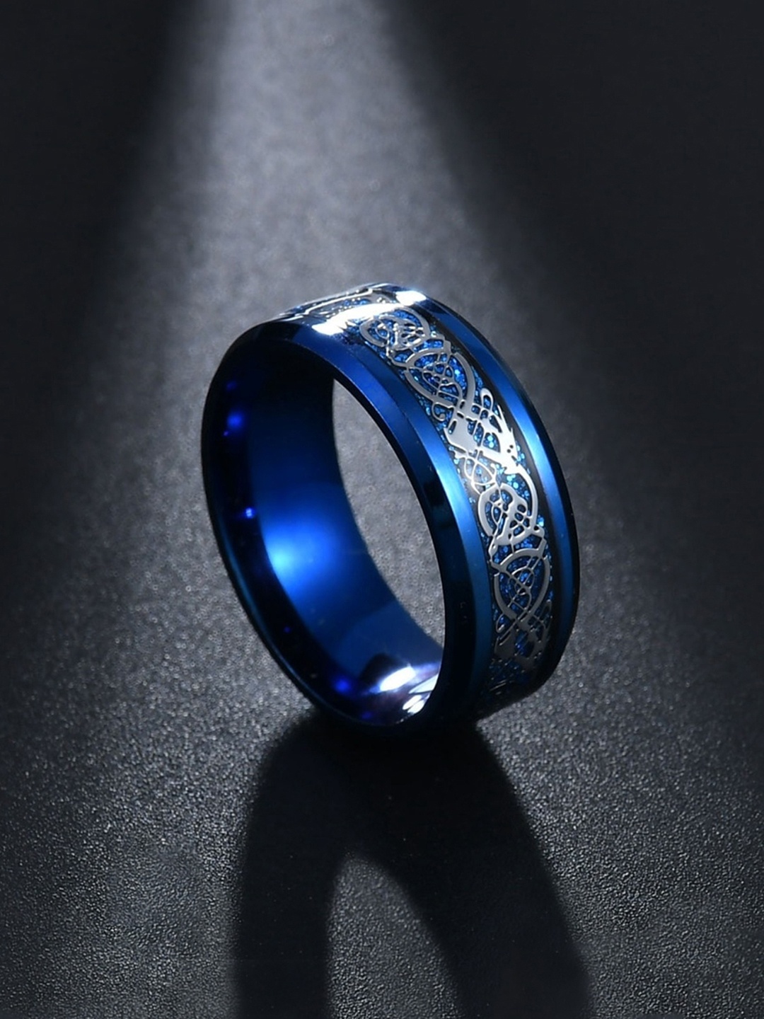 

Yellow Chimes Men Blue Dragon Celtic Inlay Polish Titanium Steel Finger Ring