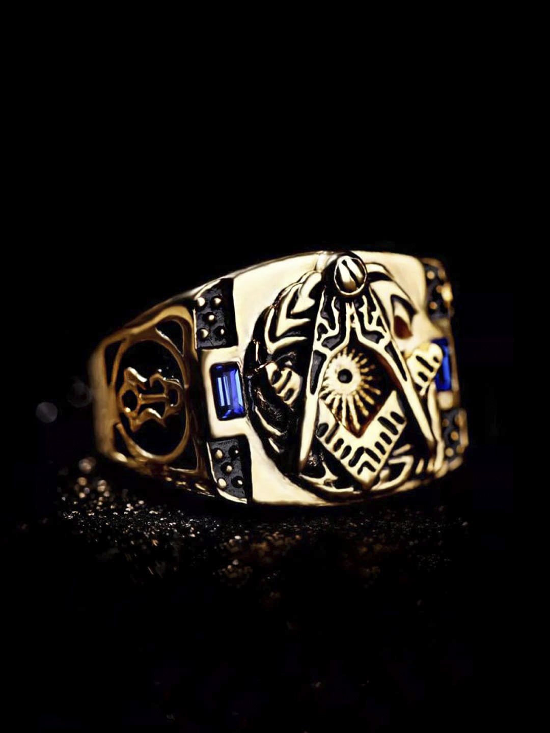 

Yellow Chimes Men Blue & Gold Antique AG Masonic Logo Stainless Steel Ring