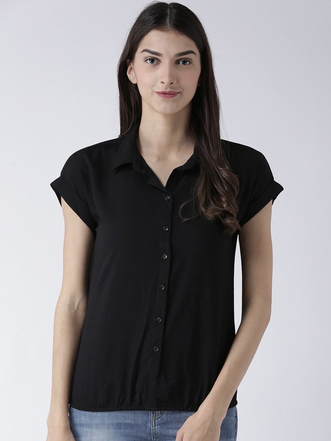 

109F Black Shirt Style Top