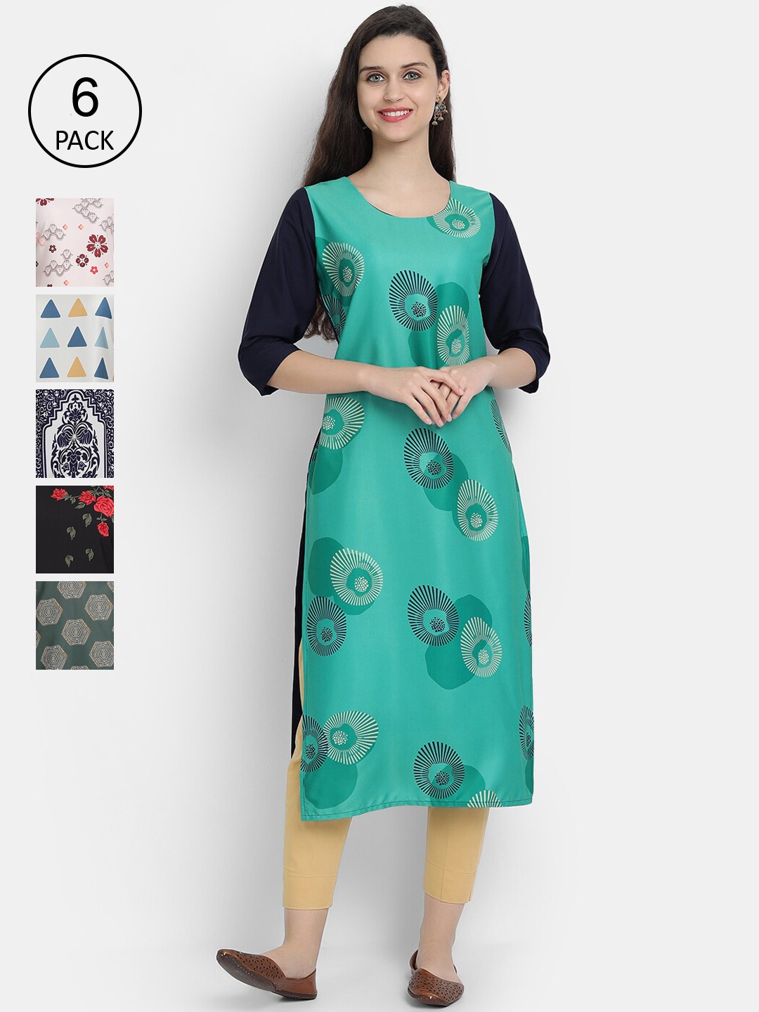 

7Threads Women Pack Of 6 Multicoloured Ethnic Motifs Printed Crepe Kurtas, Multi