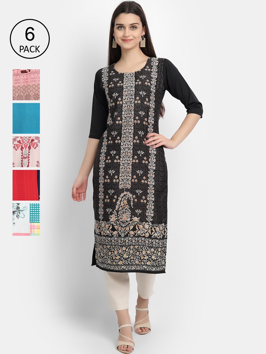 

7Threads Women Pack of 6 Printed Crepe Kurtas, Black
