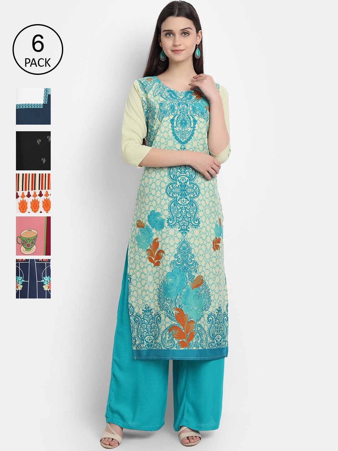 

7Threads Women Pack of 6 Printed Crepe Kurtas, Blue