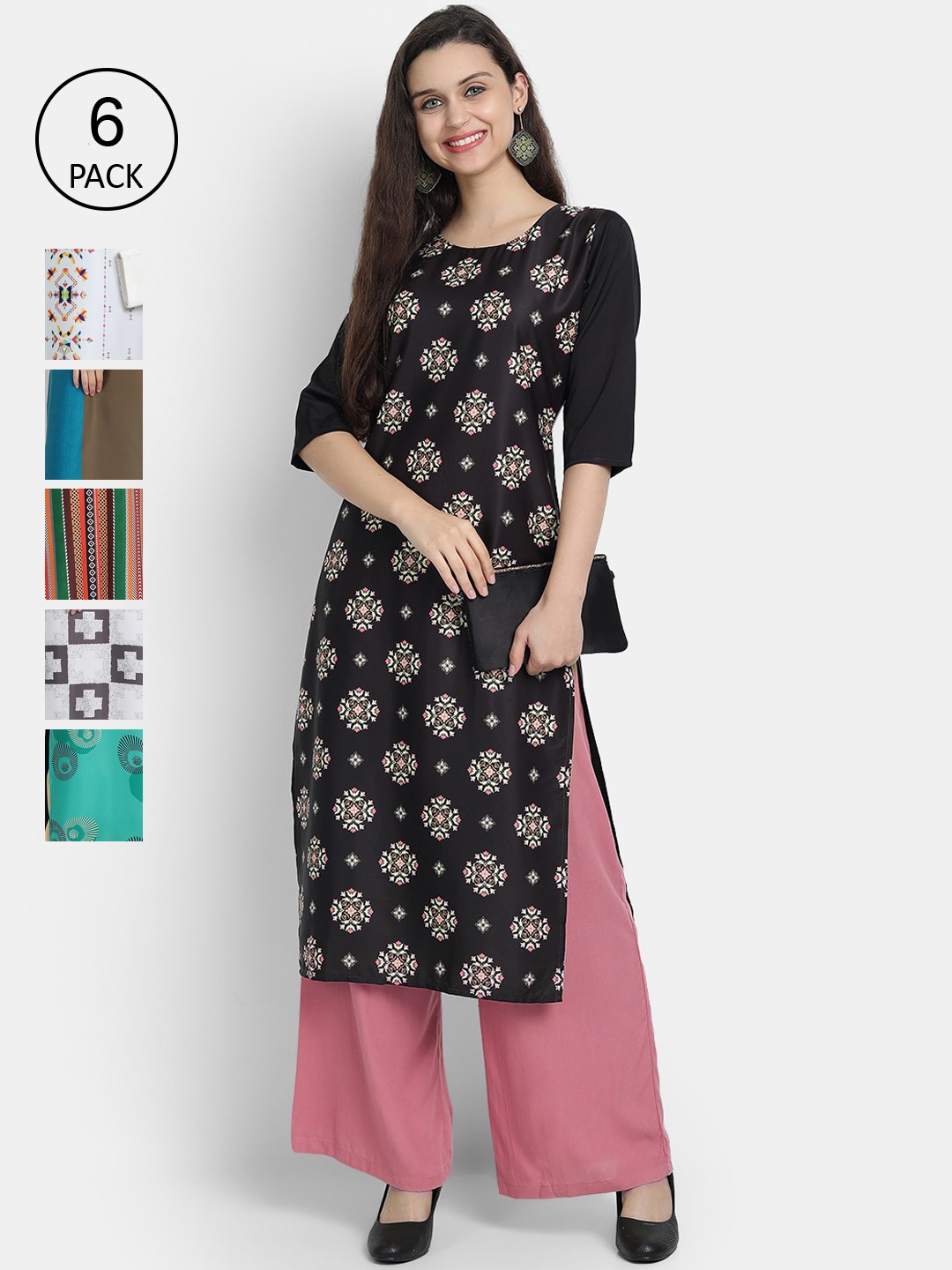 

7Threads Woman Pack of 6 Multicoloured Floral Printed Crepe Kurta, Multi