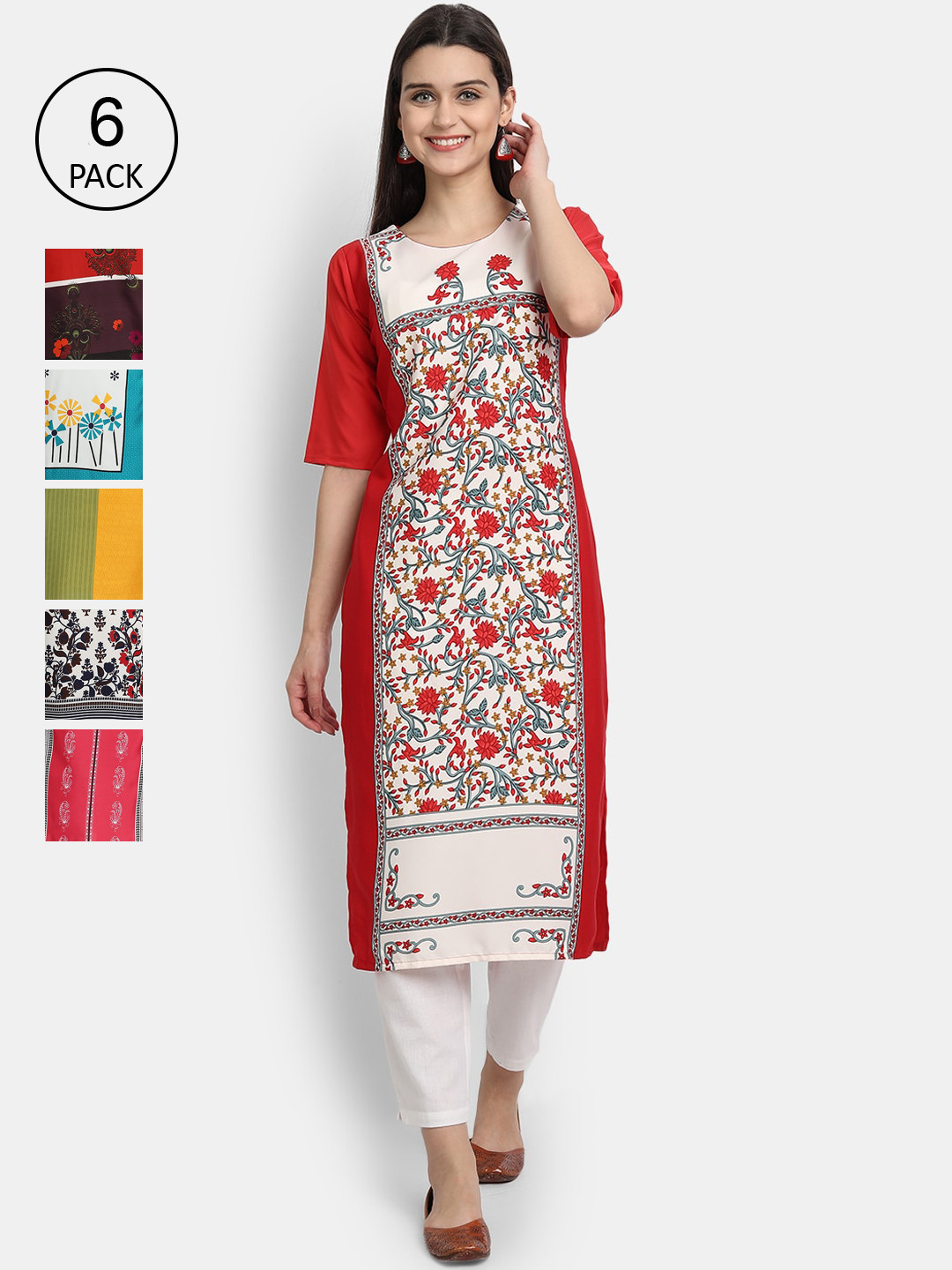 

7Threads Women Pack of 6 Ethnic Motifs Printed Crepe Kurta, Multi