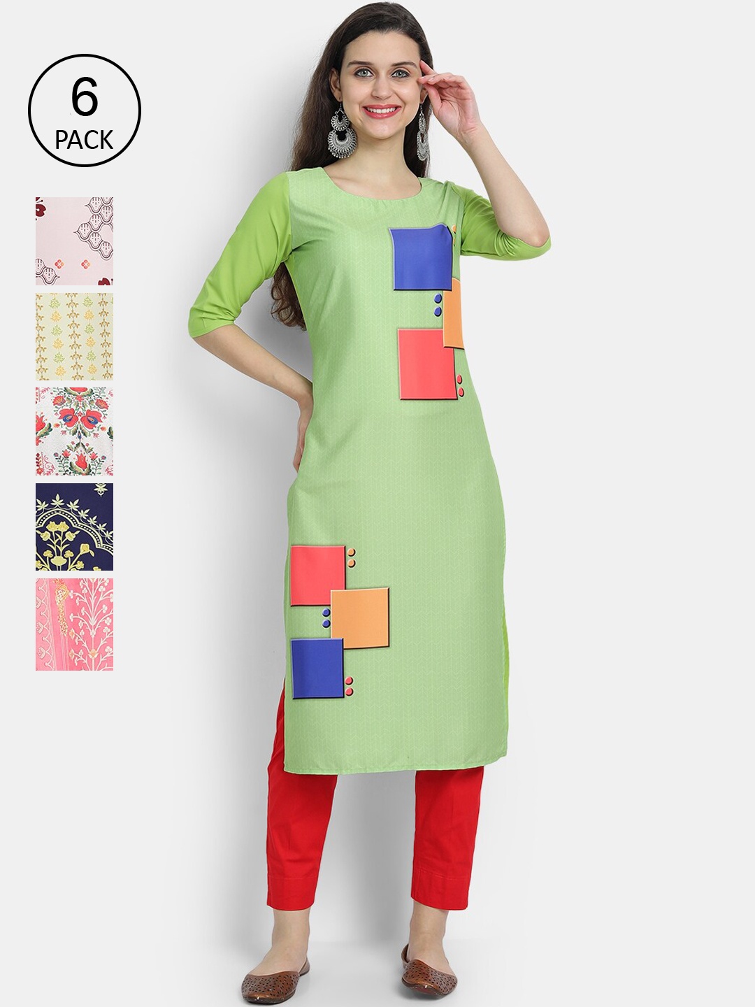 

7Threads Women Pack Of 6 Printed Crepe Kurtas, Green