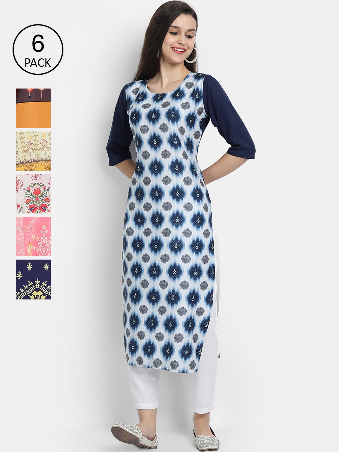 

7Threads Women Pack Of 6 Multicoloured Geometric Printed Crepe Kurtas, Multi