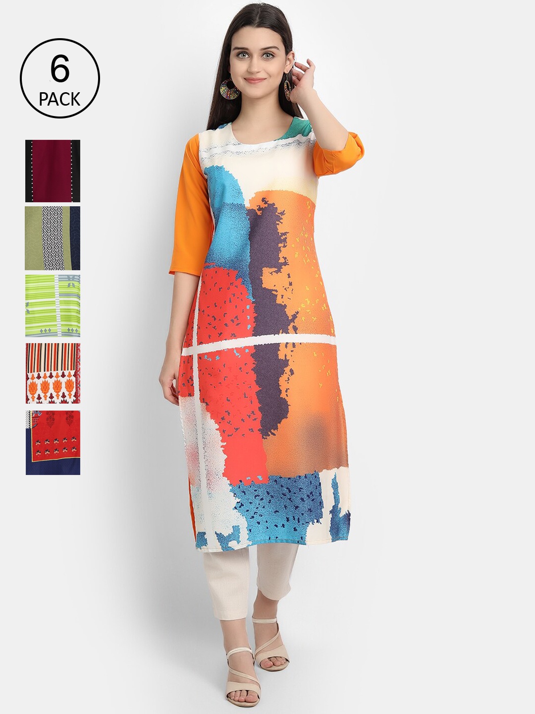 

7Threads Women Multicoloured Pack of 6 Geometric Colourblocked Patchwork Crepe Kurta, Multi