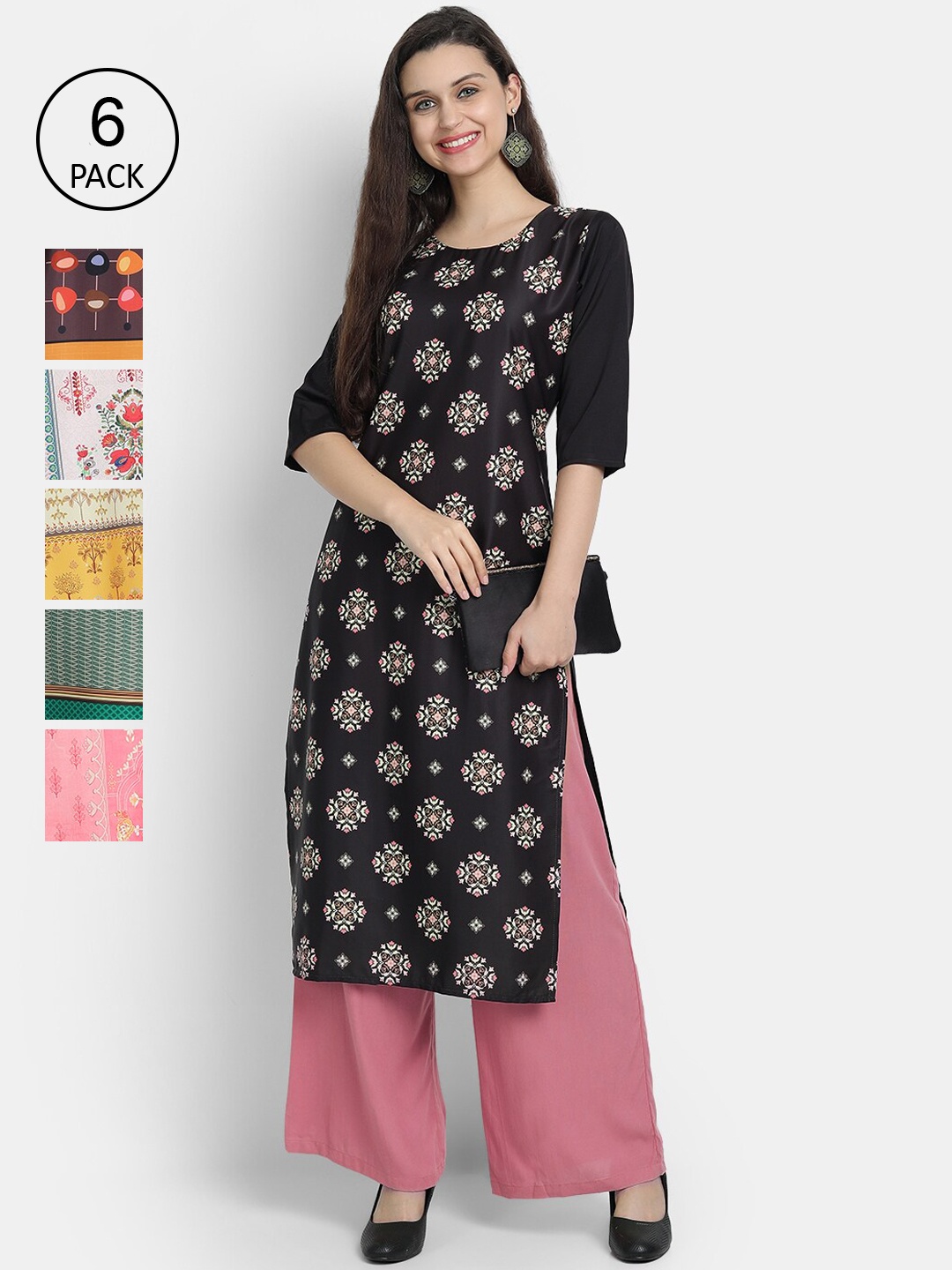 

7Threads Women Multicoloured & raisin black Floral Printed Flared Sleeves Crepe Kurta, Multi