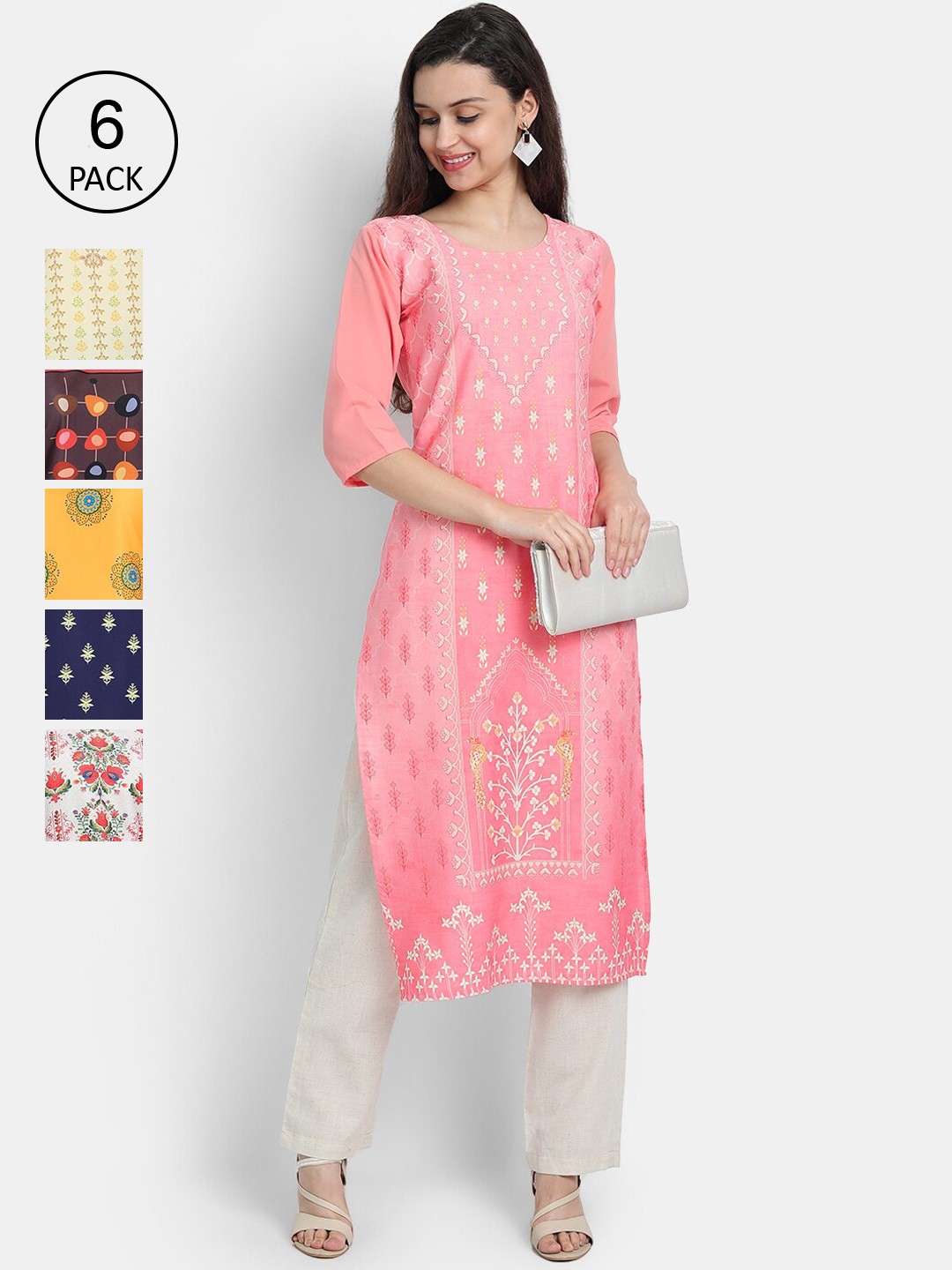 

7Threads Women Pack Of 6 Printed Crepe Kurtas, Blue