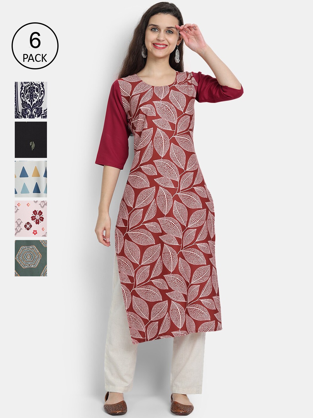 7Threads Women Pack of 6 Ethnic Motifs Printed Crepe Kurta, Multi