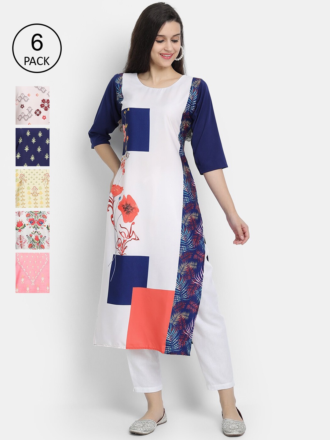 

7Threads Women Pack of 6 Ethnic Motifs Printed Crepe Kurta, Multi